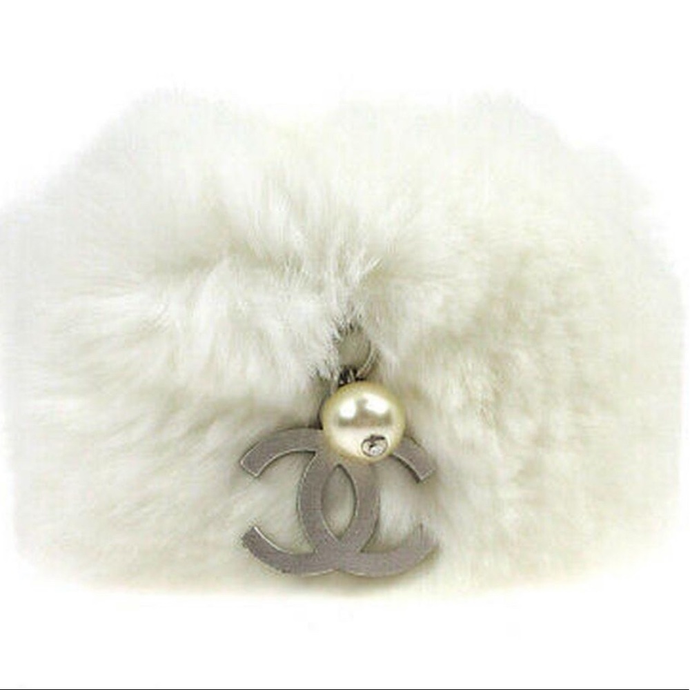 Chanel Rabbit Fur Pearl Charm Bracelet Cuff Bangle